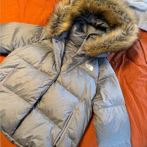 The North Face WOMENS Silver Puffer Jacket with Faux Fur Trim